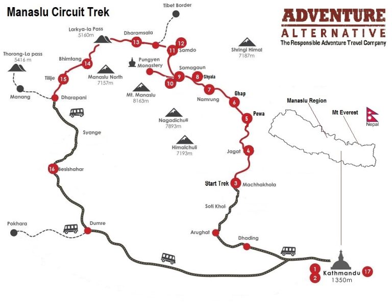 Manaslu Circuit trek map